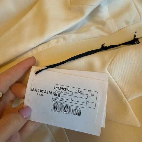 NWT Balmain Wool Jacket Dress Belted Lapel Collar White w/ Embellishments Sz 38 - Picture 3 of 11